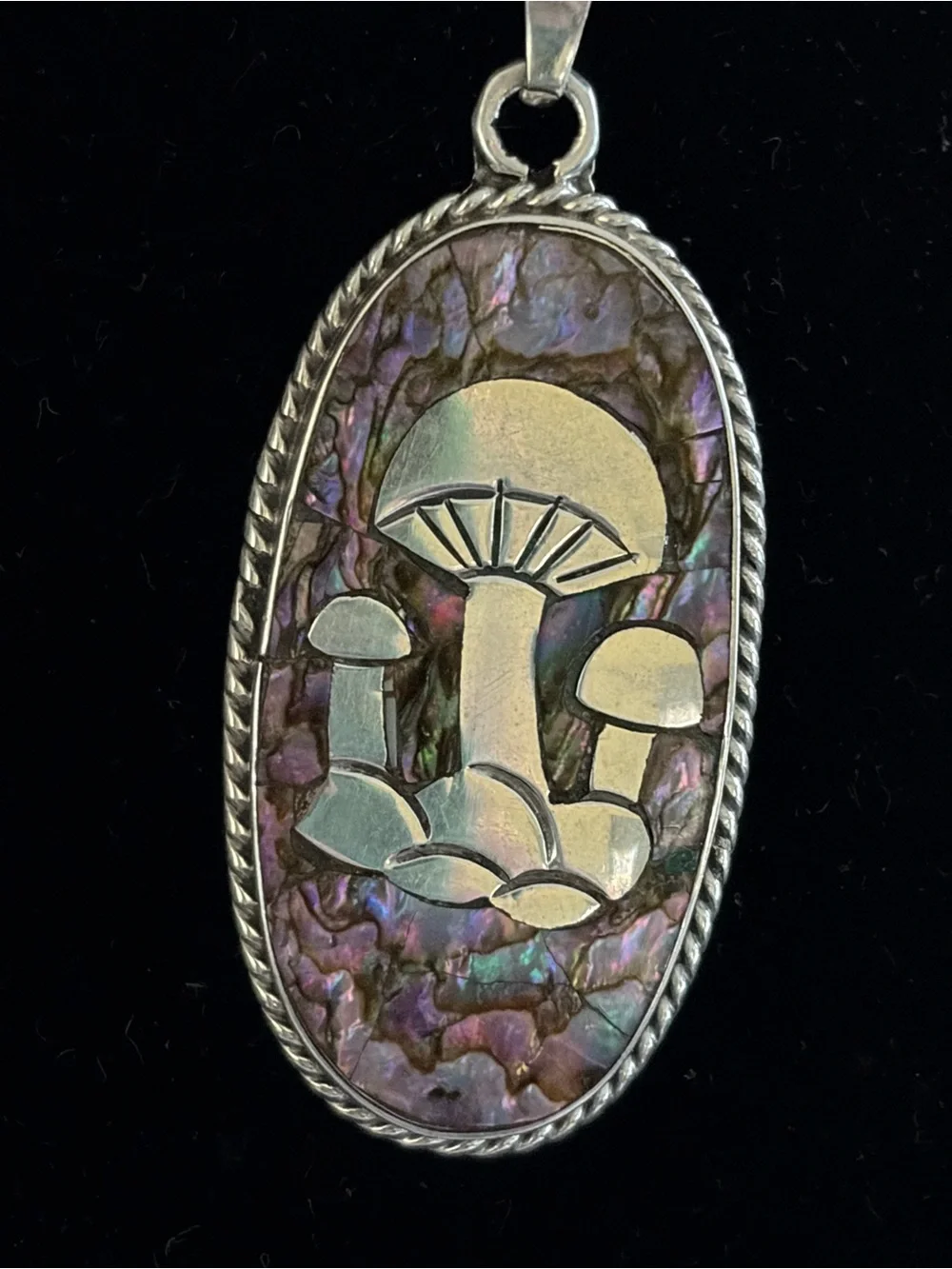 Taxco Sterling Silver Abalone Mushroom Pendant - Iridescent Purple and Green
